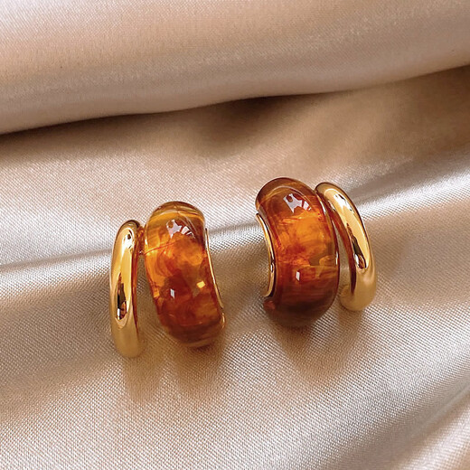 Pumanzhuji Maillard vintage amber 18K gold earrings 2025 new light luxury autumn and winter earrings asymmetric tiger eye stone one for two wear