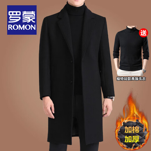 ROMON mid-length woolen coat for men, autumn and winter business casual, cotton-thickened windbreaker, men's warm woolen coat, black woolen (40% sheep wool) L/175 size (recommended 125-140Jin Jin equals 0.5kg to wear)