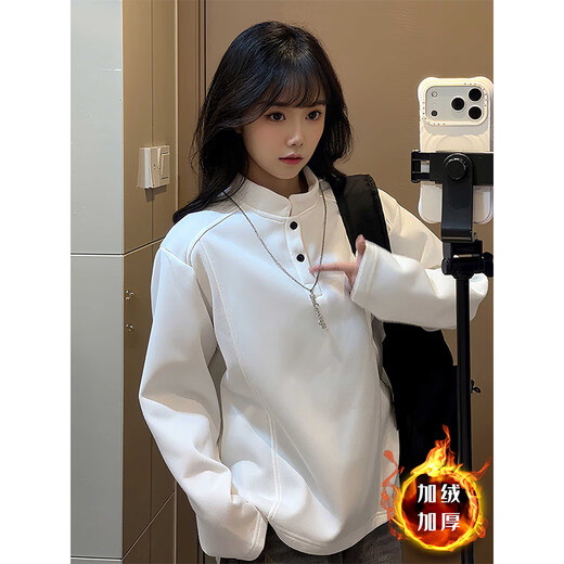 Rouard plus velvet right shoulder Henry collar POLO shirt deconstructed splicing sweatshirt for men winter American cleanfit inner layering shirt white gray plus velvet style XL