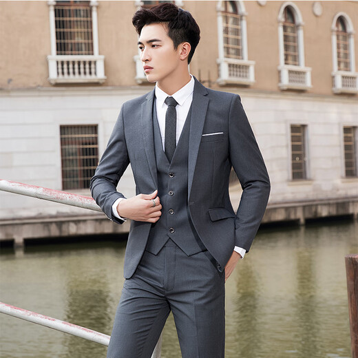 Playboy Suit Men's Jacket Top Youth Korean Slim Business Casual Formal Wedding Groomsman Small Suit Men Single Button Gray Suit + Pants + Vest + Shirt S