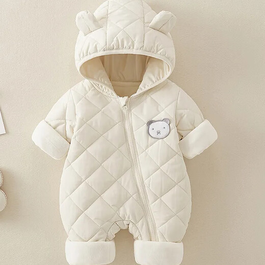 Guiqi infant and young children's thin velvet outdoor clothing, spring, autumn and winter hooded warm jumpsuit, thickened baby coat, bodysuit, hooded clothing, autumn and winter outdoor clothing, off-white 100cm
