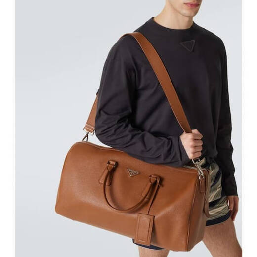 PRADA Luxury Men's Leather Travel Bag Brown One Size