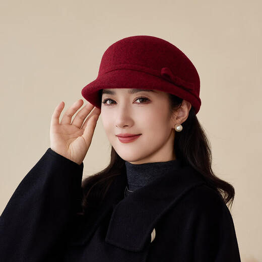 Autumn and winter woolen mother's equestrian hat for women, high-end bow, elegant retro small fragrant style duck hat, burgundy, one size fits all