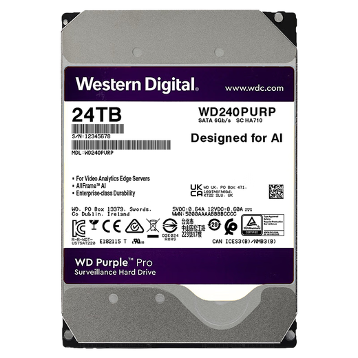 WD 2GO Western Digital (WD) Purple Purple Disk Surveillance Grade Mechanical Hard Drive 7 24 Enterprise Security Video Storage SATA CMR Vertical 3.5 Inch 24TB PRO (WD240PURP) Five Year Warranty New National Bank Kaipiao