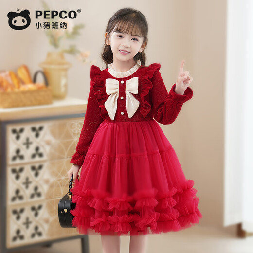 Piggy Banner (PEPCO) girls dress spring and autumn fashionable little girl autumn and winter dress children's dress princess dress autumn red 130