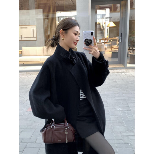 Pusumede Fenglvmange wool double-sided woolen coat for women, loose temperament, mid-length woolen coat, brown (100% wool), ready stock S