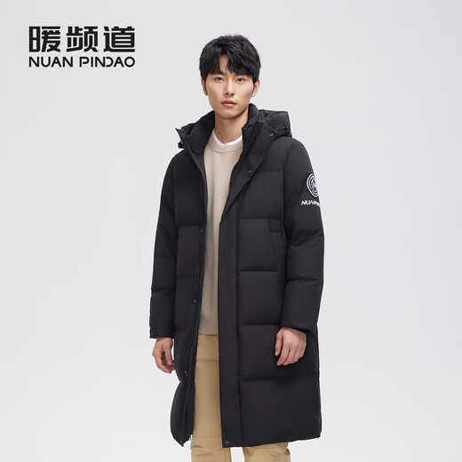 暖频道【商场同款】男士羽绒服90鸭绒长款加厚连帽休闲保暖冬外套828207 子夜黑 M (170) 适合120斤以下