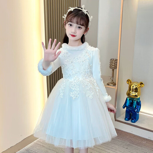 Girls' Autumn and Winter Plush Collar Short Dress Mesh Puffy Princess Dress Plush Cuffs Long Sleeve New Year's Eve Dress White 120 120cm