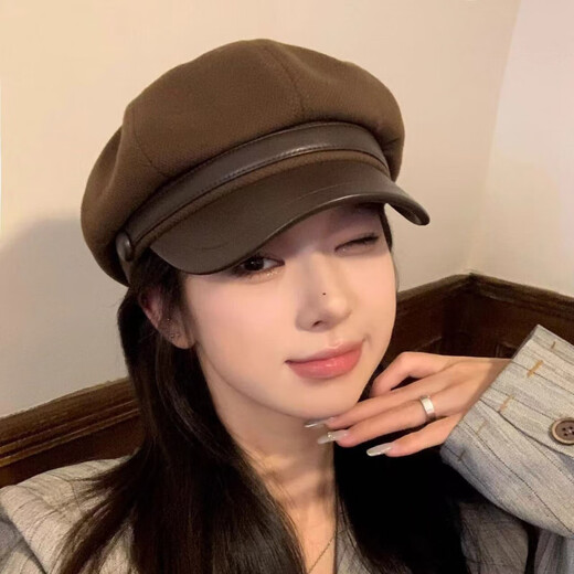 Kefuyan autumn and winter hat women's beret woolen retro trend new octagonal hat versatile face small duck tongue painter's hat woolen octagonal hat-brown gold label style M head circumference 54-62c adjustable