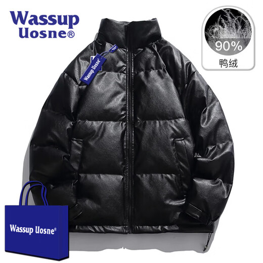WASSUP UOSNE official trendy brand down jacket for men and women in winter American style no-wash PU leather 90 duck down pie jacket pilot jacket for men 9205 ink black - no-wash PU leather (90% duck down) M (recommended 120-145Jin Jin equals 0.5kg)