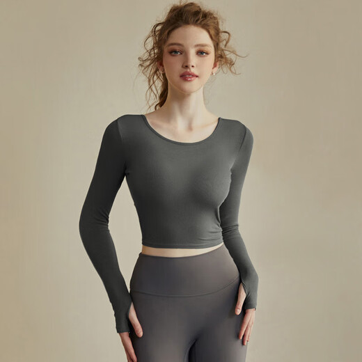 Yoga wear with chest pad for women, autumn and winter running beauty back sports long-sleeved suit Pilates training fitness top beige M