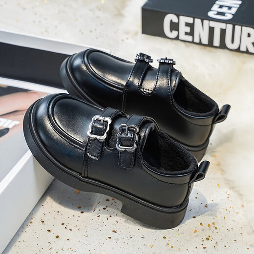 Girls' Velvet Leather Shoes 2025 Winter New Children's Princess Shoes College Style Small Single Shoes Soft Sole Black Loafers Black Velvet Size 32 Inner Length 19.6CM