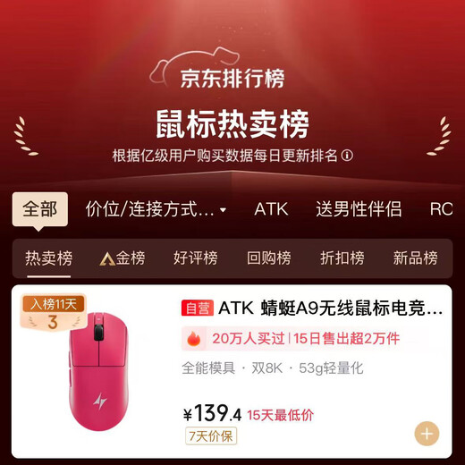 ATK 蜻蜓A9无线鼠标电竞游戏办公鼠标 有线/蓝牙/2.4G/星闪三模连接轻量化对称极简工学 A9Plus玫红色