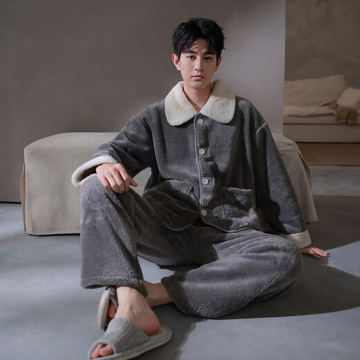 Mrs. Slee Sleep TIGHT couple's winter pajamas, women's coral velvet thickened double-sided velvet, warm and can be worn outside, winter one man and one woman suit QHR96135-men's 2XL