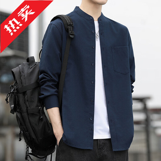 GOLDLION G+2025 retro Oxford henley collar shirt men's long-sleeved spring and autumn new stand-up collar color skin-friendly loose shirt white M