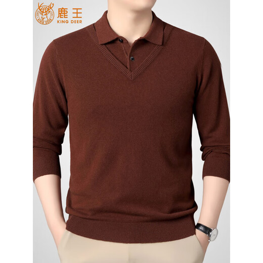 KING DEER Cashmere Sweater 2025 Winter New Men's High-End Business Fake Two-Piece Pullover Pure Cashmere Knitted Sweater Ancient Brown M 165 100-120Jin Jin is equal to 0.5 kg