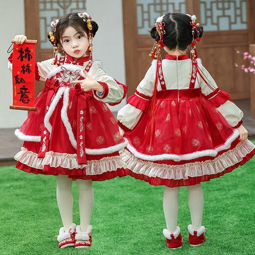 G.duck brand children's clothing Lolita princess dress girls winter thickened warm dress children's velvet Hanfu New Year's dress red 110 cm