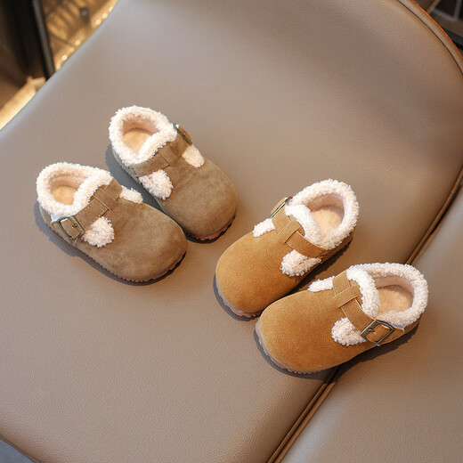 Jin Jin is equal to 0.5 kg. Mu boys and girls Birkenstock shoes, winter velvet cotton shoes, soft bottom baby toddler shoes, baby bean shoes, children's shoes, khaki color, size 24, inner length 15cm