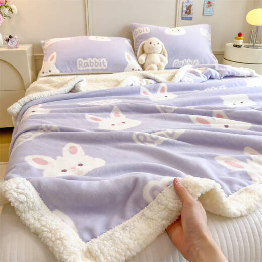 Fantasy thickened winter lamb velvet blanket double-sided warm coral velvet air-conditioned nap blanket dormitory milk velvet cover blanket 1 white rabbit purple baby blanket 100*150cm double layer thickened soft and skin-friendly