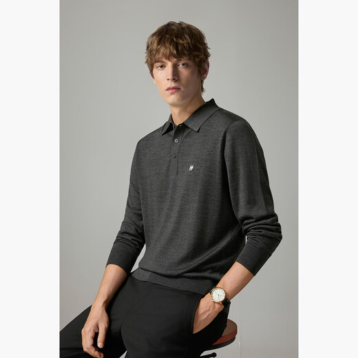 HECHTERpolo collar 100% wool sweater men's autumn and winter warm top business casual high-end dark gray-hot selling color L