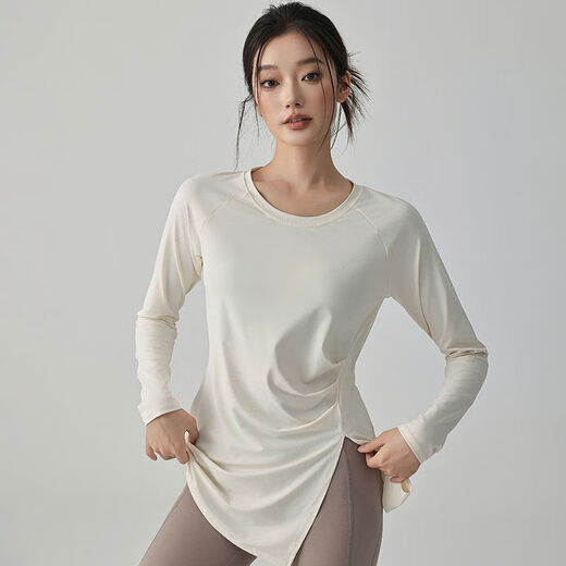 Yoga clothing top women's new blouse quick-drying long-sleeved sports T-shirt loose running training Pilates fitness clothing milk white S S