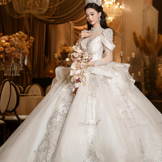 OEMG high-end light luxury wedding dress bride main yarn heavy industry luxury wedding dress 2025 new bride French palace style white floor-length wedding dress 2XL XXL