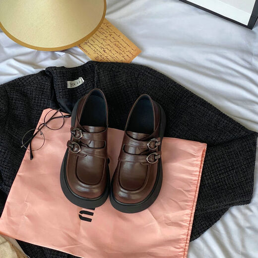Spring college style thick-soled loafers for women with belt buckles, versatile casual shoes, small leather shoes, black - ready stock 36 36