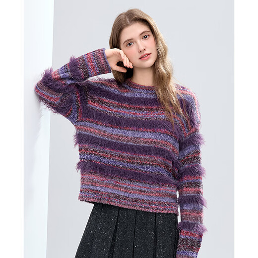 Betu Women's 2025 Winter New Sweater Round Neck Gradient Stripe Plush Decoration Slim Top Women 2511T43 Dark Purple M