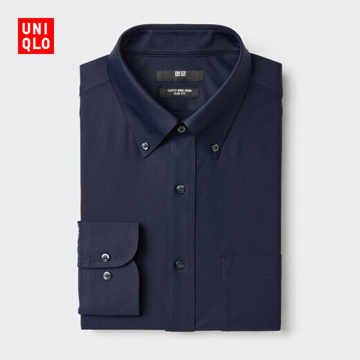 Uniqlo Men's High Performance Slim Wrinkle-Resistant Knitted Shirt/Long Sleeve Shirt Commuting 478073 477946 478073/69 Navy Blue L