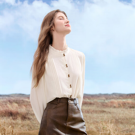 Betu women's 2025 autumn new shirt high-end commuting ruffle collar color-blocked button design top 2509T65