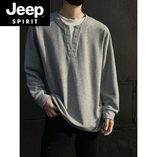 JEEP SPIRIT fake two-piece Henry collar German velvet bottoming shirt men's winter plus velvet thickened sweatshirt autumn and winter 300g heavyweight long-sleeved T-shirt dark gray M