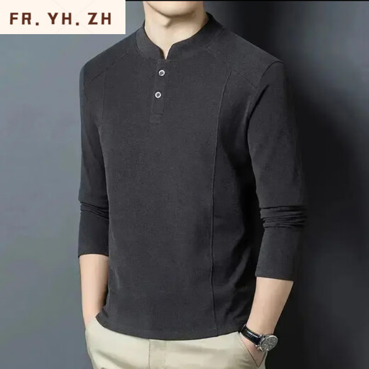FR.YH.ZH Xuexi Clothing Men's Autumn and Winter Double-sided German Velvet Bottoming Shirt Men's Henley Collar Long Sleeve Stand Collar Sweater Fashion Black 2XL 150-165Jin Jin is equal to 0.5 kg