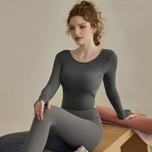 Yoga wear with chest pad for women, autumn and winter running beauty back sports long-sleeved suit Pilates training fitness top beige M