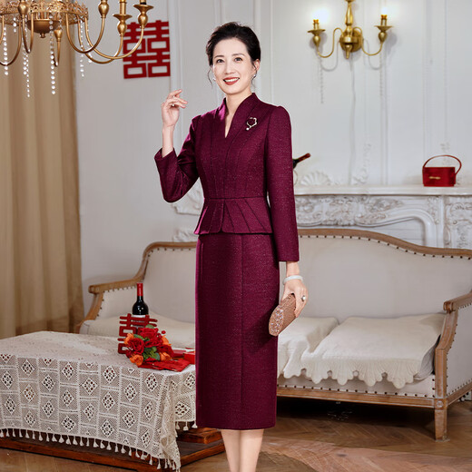 Fumini high-end mother-in-law wedding banquet evening dress fake two-piece wool dress autumn and winter wear mother's wear wedding wedding dress purple L