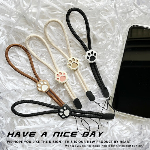 Pachin cartoon black and white cute cat paw mobile phone short lanyard adjustable wrist rope anti-fall and anti-lost USB flash drive ccd pendant trend antique white-white powder cat paw one pack 1 piece of real hair