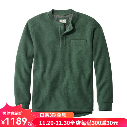 L.L.Bean men's sweater Henry shirt casual sports pullover autumn and winter velvet thickened warm top middle-aged and elderly dad wear Green Heather green L suitable for bust 116-122CM
