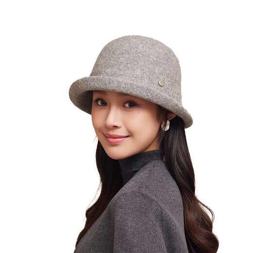 Autumn and winter retro wool fisherman hat, new style, feminine, simple basin hat, rolled edge, fashionable face-showing small hat, trendy, light gray