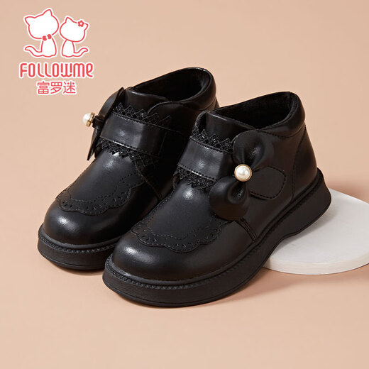 Fuluo Mi Girls' Leather Boots Winter Sweet and Fashionable Versatile Princess Boots Little Girls' Velvet Warm Cotton Shoes Black 32