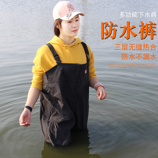 Wading pants, half-length thickened rain pants, waterproof pants, fishing jumpsuit, full-body fish pants, fishing leather fork, wading clothes, wear-resistant, black leather pattern 105 silk (thickened) 40