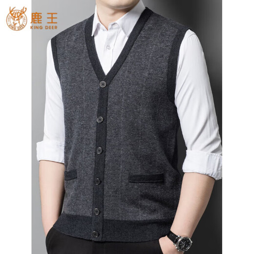 KING DEER Ordos Cashmere Vest Men's Cardigan Autumn and Winter V-neck Casual Sweater Middle-aged and Elderly Dads Waistcoat Zhongka M 160105