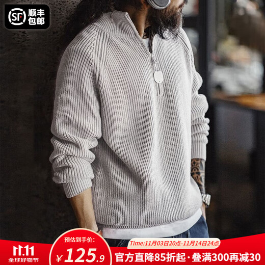 Madden workwear American half-zip stand-up collar sweater for men in autumn half-turtle collar vertical line texture versatile stretch men's sweater smoke gray (loose and oversized) L (175)