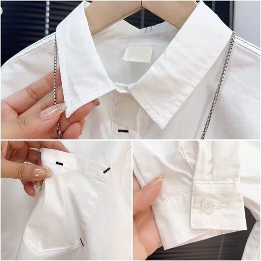 Cool and handsome loose white shirt for boys 2025 new spring and autumn medium and large children black long-sleeved casual lapel top white 140