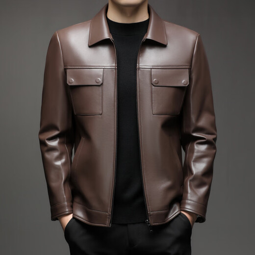 KBXNG Jinba Lapel Pocket Motorcycle Handsome Genuine Leather Jacket Men's Youth Popular Velvet Large Size Haining Military Work Suit Black Genuine Leather Counter Quality M 80-100Jin Jin is equal to 0.5 kg