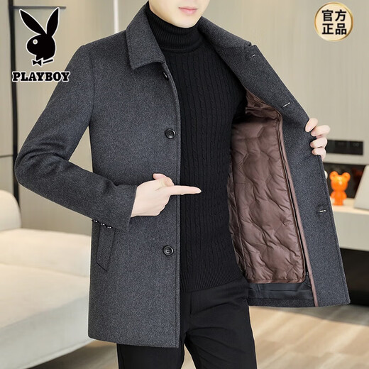 Playboy Woolen Coat Men's Mid-Length Lapel Woolen Windbreaker Men's Autumn and Winter Down Liner Jacket Men's Thickened Black + Down Liner XL Recommended 146Jin Jin is equal to less than 0.5kg