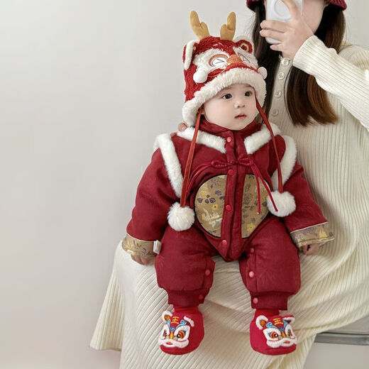 Disney (Disney) baby New Year's greetings winter jumpsuit female baby's 100th birthday celebration dress male BMW New Year's celebration new year clothing single red hat 36cm 66