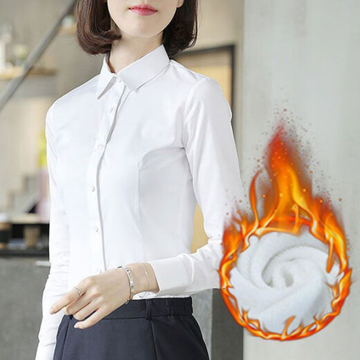 2025 Autumn and Winter velvet thickened white shirt women's long-sleeved slim business attire all-in-one velvet warm versatile base shirt B121 white velvet exposed button-square collar L (recommended 100-110Jin Jin equals 0.5 kg)