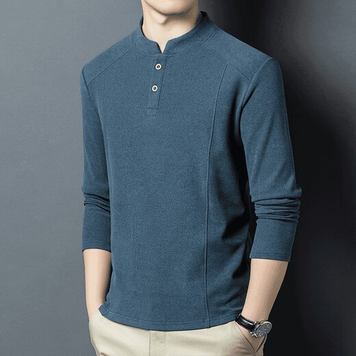 Fashionable and luxurious autumn and winter double-sided German velvet bottoming shirt men's Henry collar trendy versatile stand-up collar sweatshirt blue one size XL 130-145Jin Jin equals 0.5 kg
