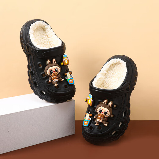 GOYN拉布布冬季加绒新款男童棉鞋居家室内防滑软底男孩宝宝儿童洞洞鞋 卡其色 24 _25