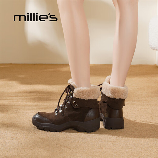 Millies genuine leather fashion plus velvet warm Martin boots for women, versatile lace-up high-top casual shoes, short boots for women, brown 37