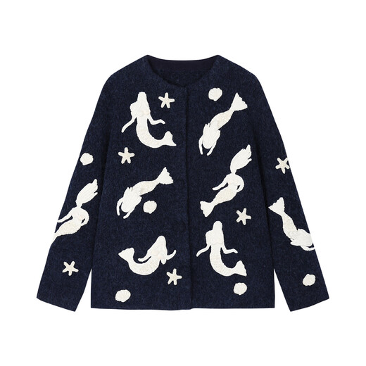 UOOYAA/WuYa 2025 Winter Fantasy Undersea Mermaid Handmade Sweater Navy M